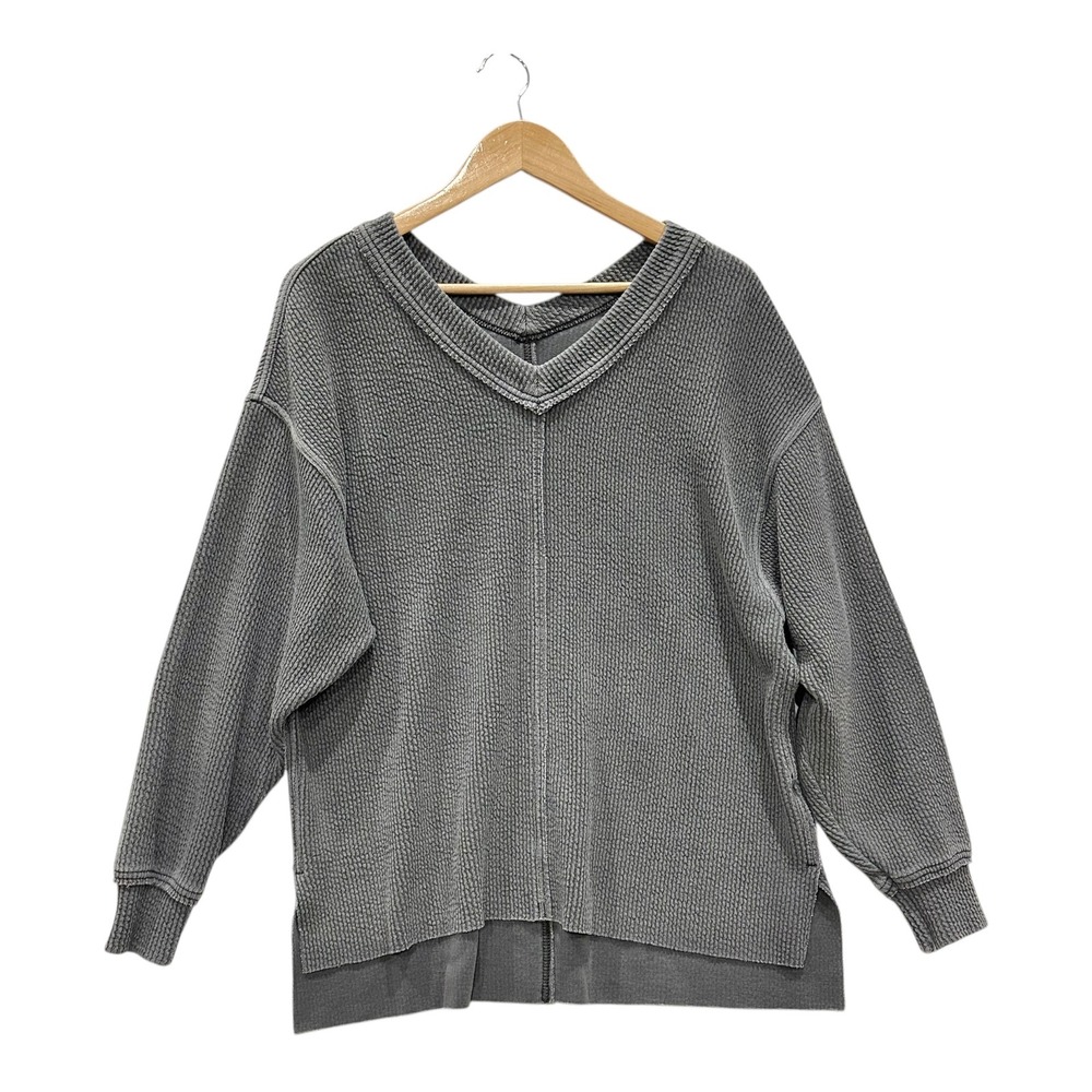 Aerie Waffle Knit Oversized V-Neck Sweater S Gray Slouchy Thermal